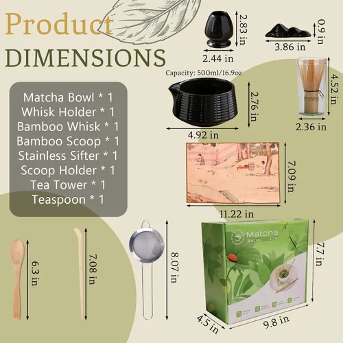 Vista 6 de Juego de 8 batidores de matcha, cuenco de bambú Chasen Matcha con boquilla, tamiz, cuchara, soporte para batidor, alfombrilla de bambú, kit completo