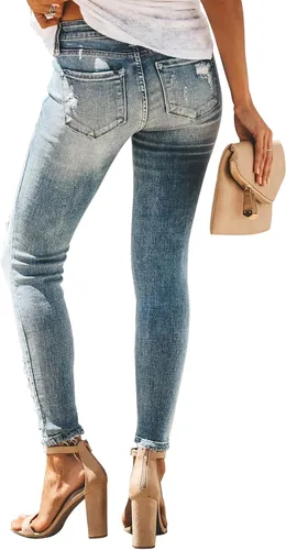 Vista 5 de KUNMI Pantalones de mezclilla elásticos rasgados y desgastados para mujer