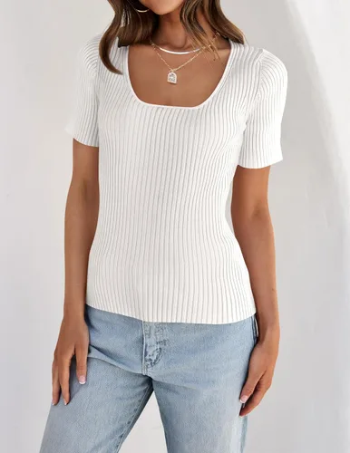 Vista 3 de ZESICA Camisetas de manga corta con cuello cuadrado para mujer, ajustadas, de verano, de punto acanalado, básicas, casuales