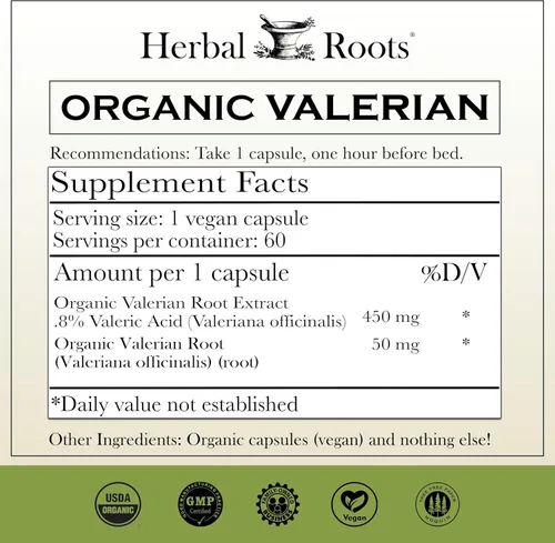 Vista 2 de Herbal Roots Cápsulas de raíz de valeriana orgánica pura, 900 mg, sin formación de hábito, sin melatonina, sin OMG, 60 cápsulas veganas, suplemento