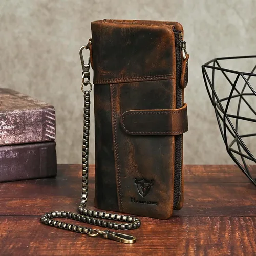 Vista 17 de Genuino Caballo Loco Cuero Regalo de Viaje Moneda Bolsillo Tarjetero Organizador Largo Cadena Rfid Cartera Monedero Con Broche Para Hombres Hombres