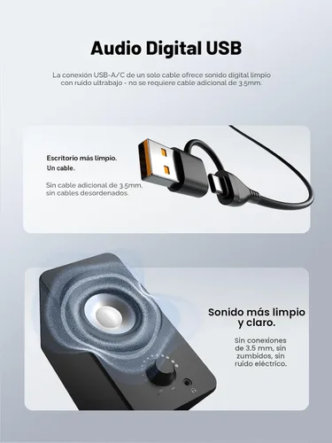 Vista 7 de Bluedee Altavoces de computadora para PC de escritorio, altavoces de PC de doble controlador con luces RGB, altavoz USB compacto con cable Plug &