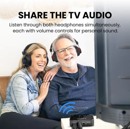 Vista 2 de Avantree HT41899 Plus 2 - Auriculares inalámbricos Bluetooth duales para ver televisión con transmisor y bases de carga, aptX adaptativo y soporte