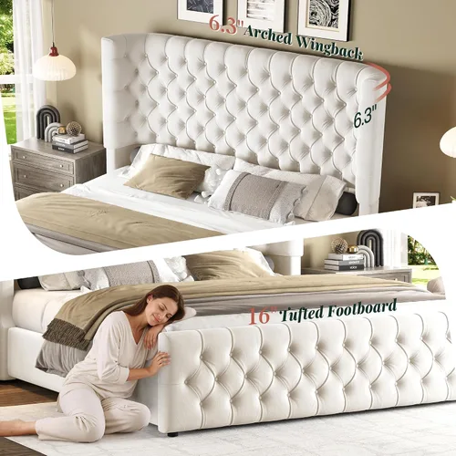 Vista 3 de Jocisland Base de cama tapizada tamaño Queen con cabecera curvada de 6.3 pulgadas, estribo copetudo, listones de madera, no necesita somier