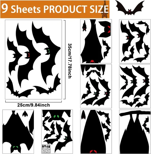 Vista 2 de ZOIIWA Adhesivos de Murciélagos de Halloween para Ventana Decoración, PVC Negro, 9 Hojas, 33x25cm, Reutilizable, Interior, Estilo de Terror