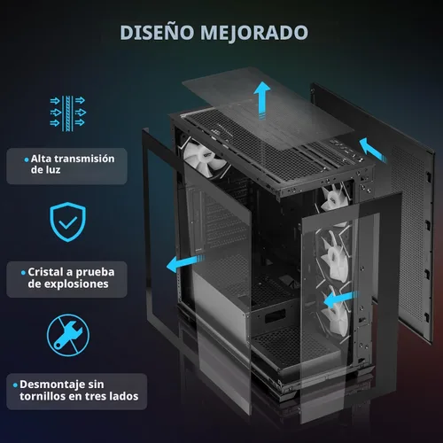 Vista 3 de darkFlash ATX Mid-Tower Caja para PC, Caja de Computadora Pre-Instalada con 4 Ventiladores ARGB PWM, Caja para PC de Juego de Vidrio Templado Dual