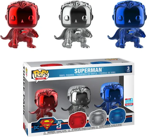 Vista 2 de Funk Pop! DC Comics- Superman 3 Pack 2018 Convención de Otoño Edición Limitada Exclusiva Cromo