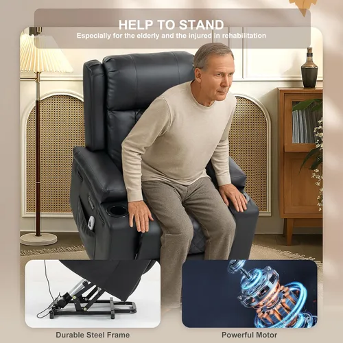 Vista 4 de Silla reclinable eléctrica para personas mayores con masaje por vibración y calefacción lumbar, sofá individual eléctrico de piel sintética