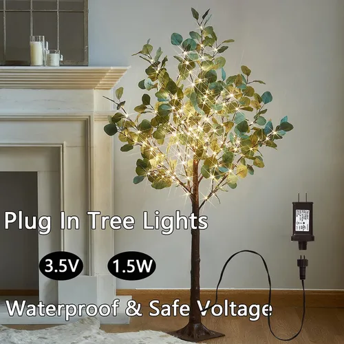 Vista 5 de Fudios Árboles iluminados para interiores de 4 pies con 160 luces LED de eucalipto artificial con luces para exteriores, planta falsa