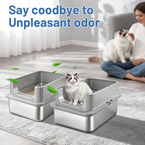 Vista 7 de Jotesnew Paquete de 2 Cajas de Arena para Gatos de Acero Inoxidable XL con Tapa y Lados Altos, 24" L x 16" A x 12" Al Cajas de Arena de Metal Extra