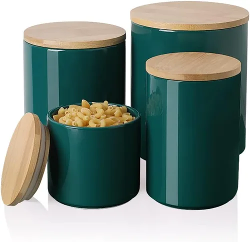 Vista 19 de Botes de Cocina Sweejar Tarro de Cerámica para Almacenamiento de Alimentos, Contenedores Apilables con Tapa de Madera de Sellado Hermético