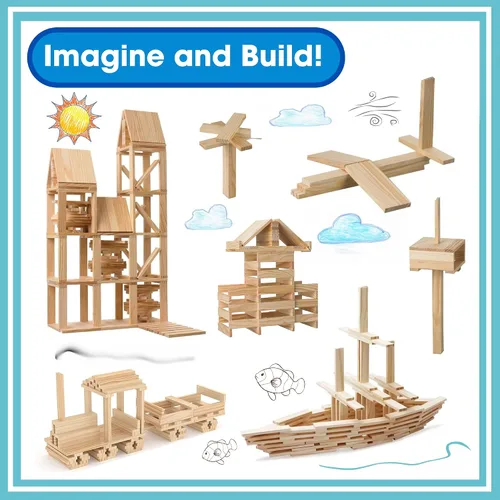 Vista 3 de Juego de bloques de construcción de madera, juguetes de construcción de bloques de tablones de 200 piezas, juguete educativo de madera STEM