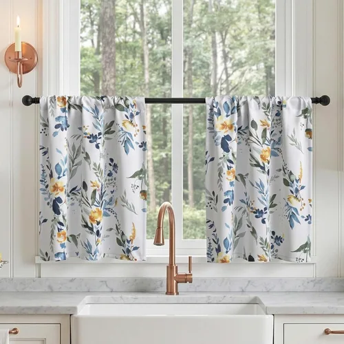 Vista 30 de MYSKY HOME Cortinas florales para puerta francesa de 40 pulgadas de largo, juego de 2 cortinas opacas de privacidad con bolsillo para barra A-verde