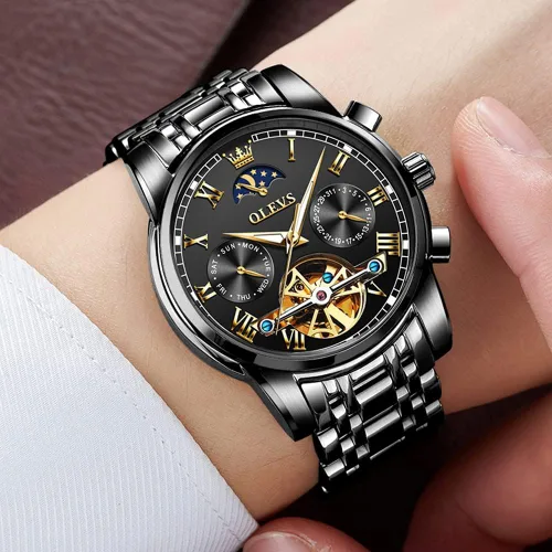 Vista 4 de OLEVS - Reloj mecánico automático Tourbillon Slef-Wind lujoso de acero inoxidable resistente al agua luminoso y con fecha