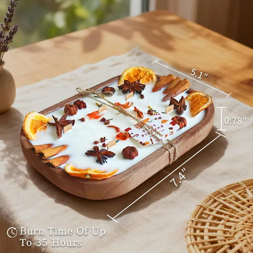 Vista 3 de Vela perfumada decorada con especias de 6 mechas en cuenco de madera, vela de cera de soja de aromaterapia de 20 onzas para decoración del hogar