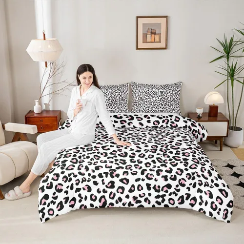 Vista 56 de Juego de edredón con estampado de leopardo para niños, tamaño individual, juego de ropa de cama de moda de piel de guepardo abstracto, decoración