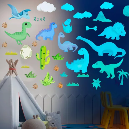 Vista 2 de Decoración de habitación de dinosaurios, calcomanías de pared de dinosaurios que brillan en la oscuridad para dormitorio de niños, calcomanías