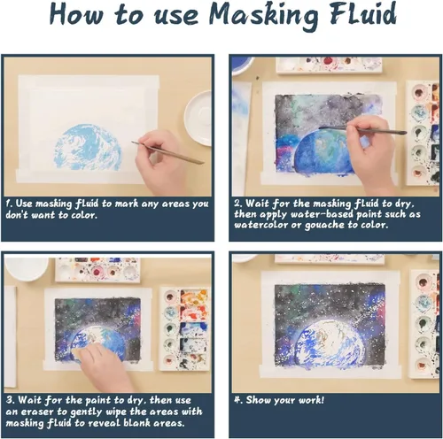 Vista 6 de Líquido de enmascaramiento para acuarela 60ml Azul con pincel y borrador - Líquido de enmascaramiento para arte Lápiz de acuarela Medio Suministros