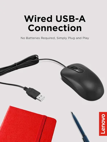 Vista 3 de Lenovo 100 Ratón con cable USB para PC, portátil, ordenador con Windows - Tamaño completo - Diseño ambidiestro - 3 botones - Sensor óptico rojo