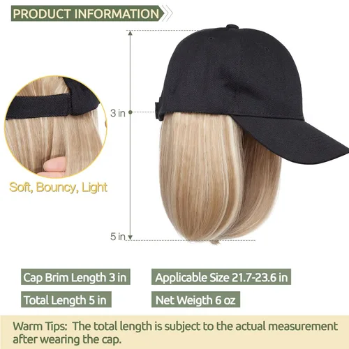 Vista 5 de S-noilite Peluca de gorra de béisbol de 6 pulgadas con peinado Bob y extensiones de cabello, gorra de béisbol recta ajustable para mujer