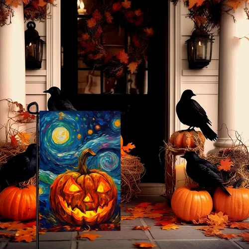 Vista 5 de Bandera de jardín de Halloween, bandera de jardín de calabaza Van Gogh, banderas de jardín, artes, cielo nocturno estrellado, luna, bandera