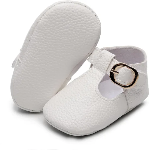 Vista 2 de HONGTEYA Mary Janes - Zapatos planos de piel sintética antideslizante con suela suave para bebés recién nacidos, zapatos de cuna para boda, fiesta