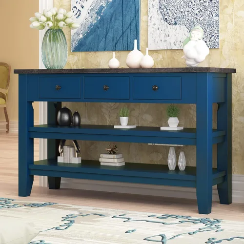 Vista 11 de Mesa consola de madera para sofá con 3 cajones y 3 cestas de almacenamiento, multifuncional de 47 pulgadas de largo, mesa de entrada, gabinete