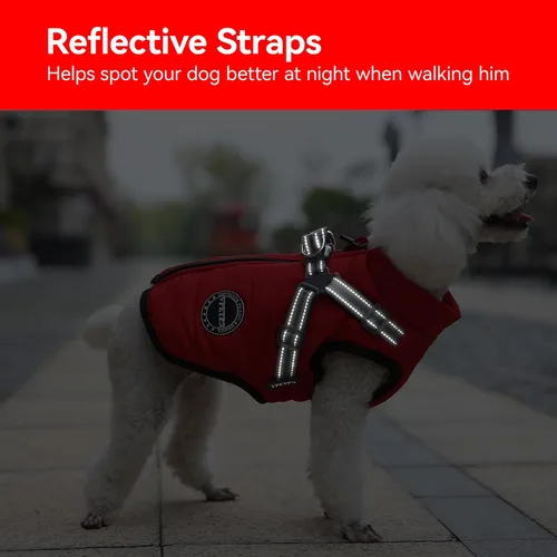 Vista 5 de Chaqueta cálida de invierno para perros – Abrigo impermeable a prueba de viento para mascotas con arnés integrado – Chaleco de vellón con cremallera