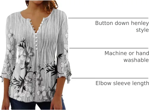 Vista 53 de Ceboyel Blusa tipo túnica con estampado floral para mujer, con botones, estilo Henley, con manga de codo, casual, trajes de moda para mujer