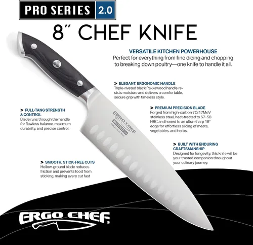 Vista 2 de Ergo Chef Pro Series 2.0 - Cuchillo de chef de 8 pulgadas, hoja de acero inoxidable forjado de alto carbono 7Cr17MoV con mango ergonómico de madera