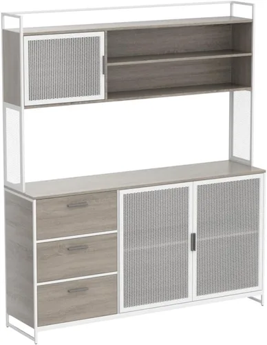 Vista 4 de AGOTENI Armario grande de cocina, armario de almacenamiento con 3 puertas de metal, 3 cajones y estante para microondas, para almacenamiento abierto