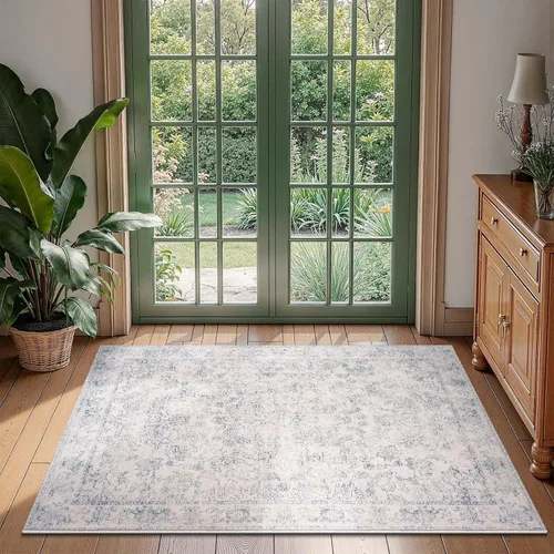 Vista 143 de jinchan Lima - Alfombra simétrica floral geométrica lavable, alfombra de entrada de medio círculo de 2 x 3, alfombra de media luna, suave y Azul