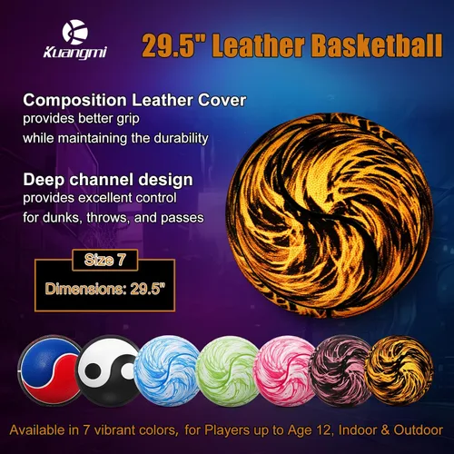 Vista 2 de Kuangmi Yin Yang Basketball, Official Size 7(29.5"), Unique Tai Chi Shaped Medium Tire, for Indoor & Outdoor Negro y dorado
