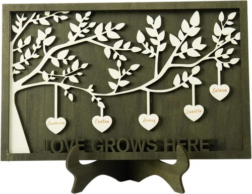Vista 24 de Árbol genealógico con etiqueta de corazón, placas de madera grabadas personalizadas, regalos personalizados para madres, padres, escritorio, nombres