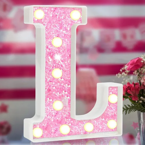 Vista 19 de Letras rosas iluminadas con purpurina, letras del alfabeto rosas, letreros de luces LED en marquesina rosas con batería para iluminación nocturna