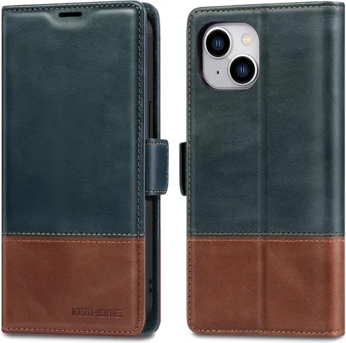 Vista 19 de KEZiHOME Funda para iPhone 15, de piel auténtica, bloqueo RFID, carcasa interior de TPU, cierre magnético, ranura para tarjetas, a prueba de golpes