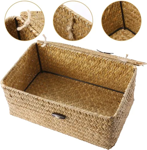 Vista 8 de IMIKEYA Caja de almacenamiento tejida de mimbre con tapa, cesta de pastos marinos, caja tejida a mano para el hogar, oficina, organizador de estantes