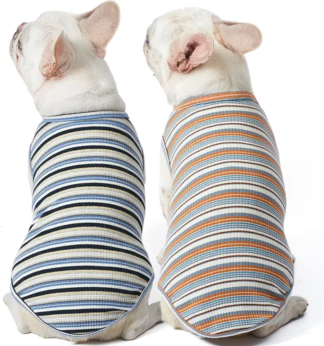 Vista 8 de Camisas para perros, chaleco de algodón a rayas, ropa elástica sin mangas para perros pequeños, paquete de 2 camisetas suaves y transpirables