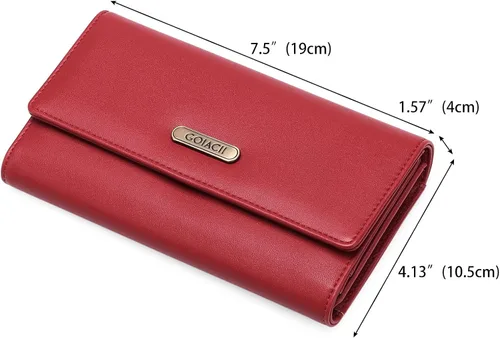 Vista 6 de GOIACII Cartera de mujer con bloqueo RFID triple pliegue cartera de mano larga para mujer cartera de cuero vegano con bolsillo para monedas A02-rojo