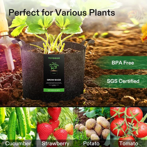 Vista 2 de VIVOSUN Paquete de 10 bolsas de cultivo de 1 galón, macetas de tela reforzadas para jardinería, color negro