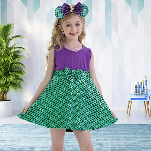 Vista 2 de Disfraz de sirena para niñas, ropa de vestir de princesa con accesorios, juego de fiesta de cumpleaños de Halloween