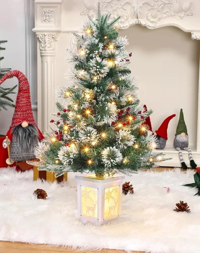 Vista 2 de Árbol de Navidad artificial preiluminado de 3 pies con luces, con base de copo de nieve, 78 luces LED, funciona con pilas, temporizador, fácil