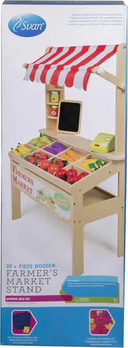 Vista 7 de Juguete de Puesto de Mercado de Agricultores de Madera - Más de 30 Piezas de Comida Incluyen Frutas, Verduras, Pizarra y Caja Registradora - Juego