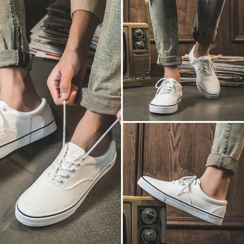 Vista 6 de FRACORA Zapatos de lona blancos para hombre, tenis de lona con cordones, Blanco