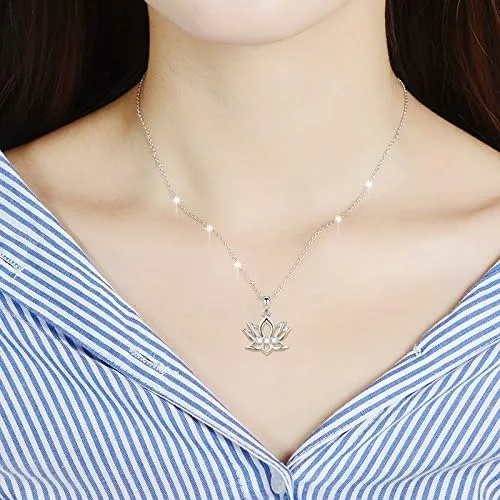 Vista 2 de Collar con colgante de flor de loto de plata de ley 925 con diseño inspirador de circonita cúbica para mujeres y niñas, regalo de yoga, 16 pulgadas