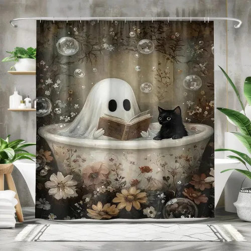 Vista 7 de Cortina de ducha de Halloween con diseño de fantasma, para bañera, bosque de flores, cortina de ducha para baño, academia oscura, tina fantasma