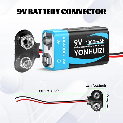 Vista 6 de 2-Pack 1300mAh Rechargeable 9V Batteries, 9 Volt Lithium-ion Square Battery Long Lasting Power+Clip Connector and Storage Box for Smoke Alarms