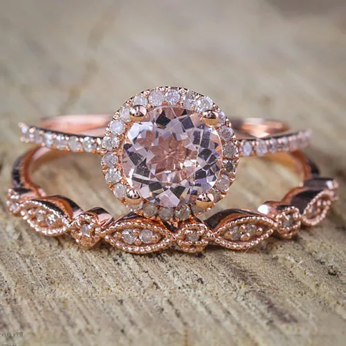Vista 2 de Lindos anillos pequeños a la moda para mujer, con relleno de oro rosa, morganita rosa, juego de anillos de boda (oro rosa, 9)