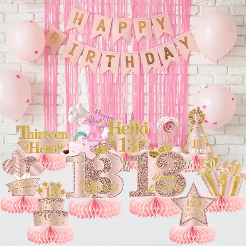 Vista 6 de 9 piezas de decoración de cumpleaños número 13, centros de mesa de cumpleaños rosa rosa dorado para niñas, centros de mesa de feliz cumpleaños 13