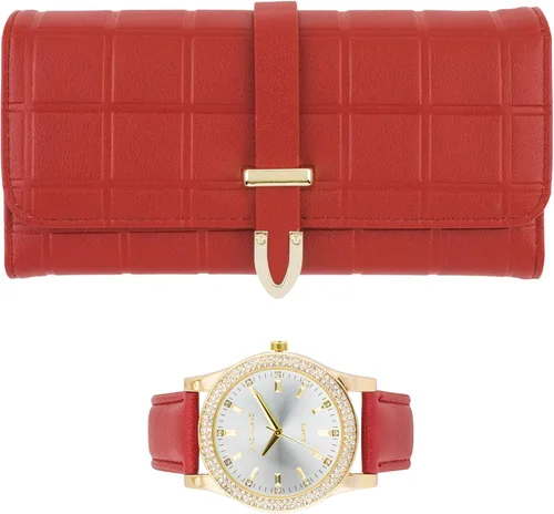 Vista 8 de Reloj de pulsera de cuero dorado para mujer y cartera de tres pliegues a juego